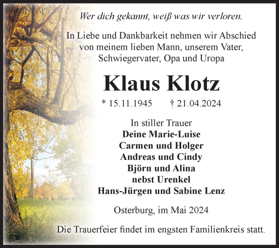 Traueranzeige von Klaus Klotz von Volksstimme Altmark Ost