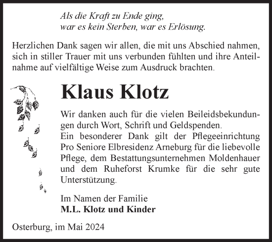 Traueranzeige von Klaus Klotz von Volksstimme Altmark Ost