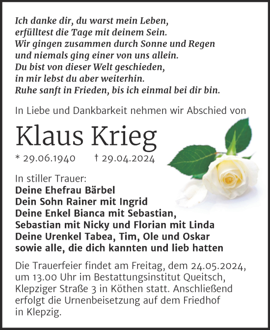 Traueranzeige von Klaus Krieg von Trauerkombi Köthen