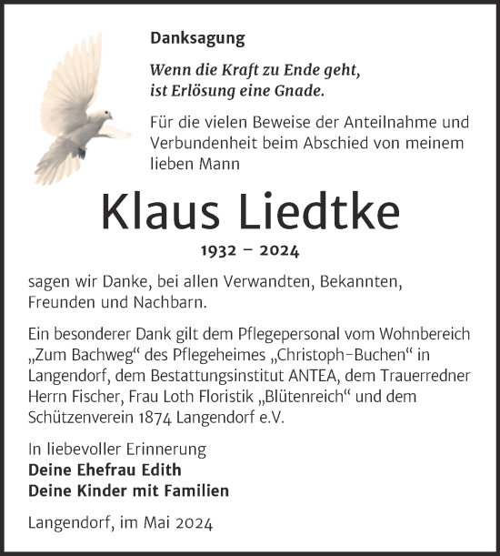 Traueranzeige von Klaus Liedtke von Trauerkombi Weißenfels