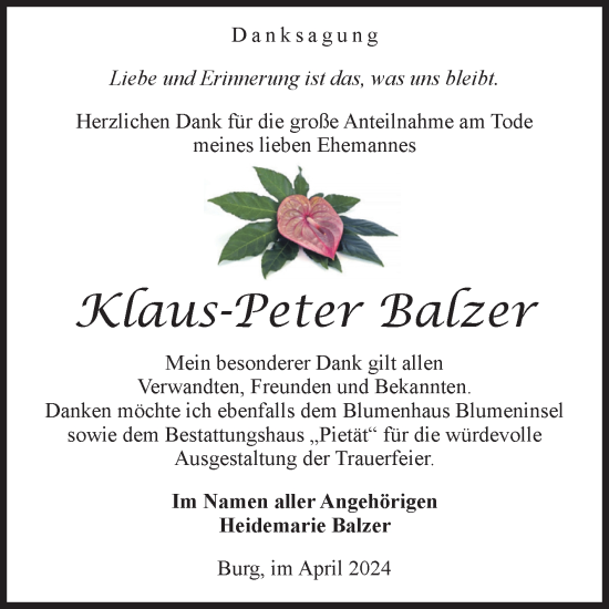 Traueranzeige von Klaus-Peter Balzer von Volksstimme Burg/Genthin