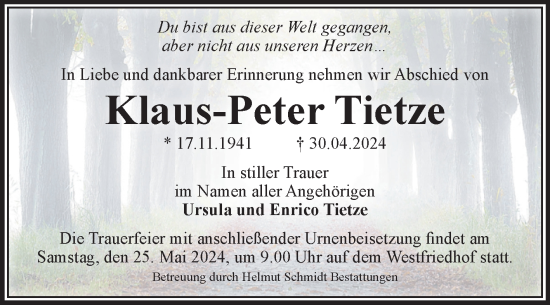 Traueranzeige von Klaus-Peter Tietze von Volksstimme Magdeburg