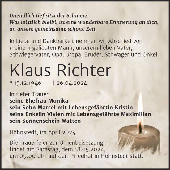 Traueranzeige von Klaus Richter von Mitteldeutsche Zeitung Halle/Saalkreis