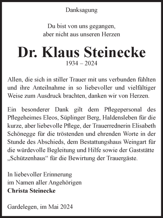 Traueranzeige von Klaus Steinecke von Volksstimme Altmark Ost