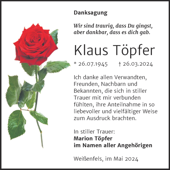 Traueranzeige von Klaus Töpfer von Trauerkombi Weißenfels