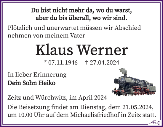 Traueranzeige von Klaus Werner von Trauerkombi Zeitz