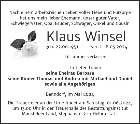 Traueranzeige von Klaus Winsel von Mitteldeutsche Zeitung Mansfelder Land