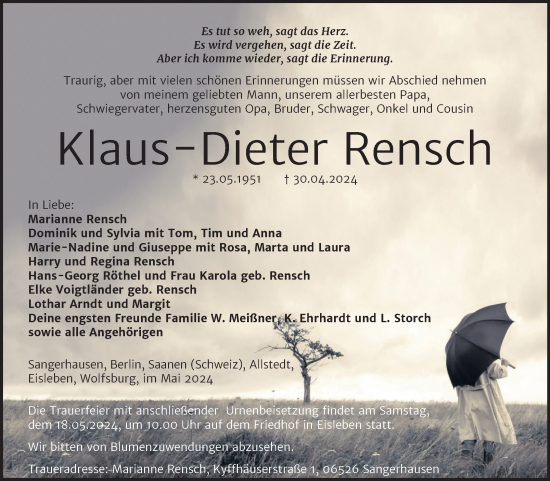 Traueranzeige von Klaus Dieter Rensch von Trauerkombi Sangerhausen