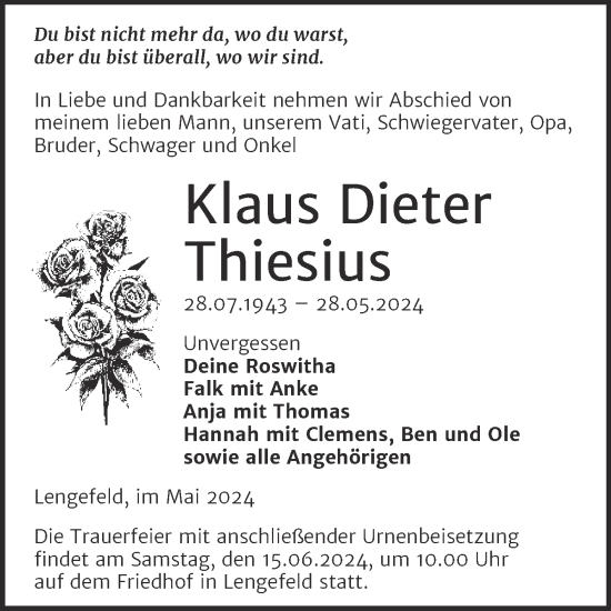 Traueranzeige von Klaus Dieter Thiesius von Mitteldeutsche Zeitung Sangerhausen
