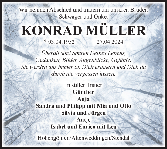 Traueranzeige von Konrad Müller von Volksstimme Altmark Ost