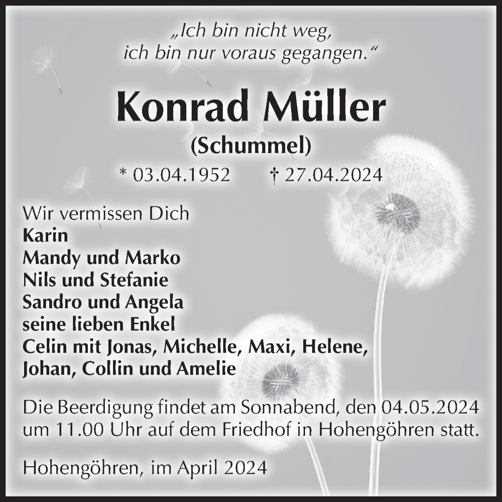 Traueranzeige für Konrad Müller vom 02.05.2024 aus Volksstimme Altmark Ost