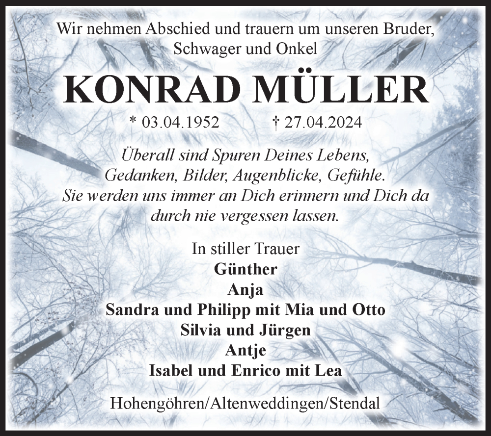  Traueranzeige für Konrad Müller vom 04.05.2024 aus Volksstimme Altmark Ost