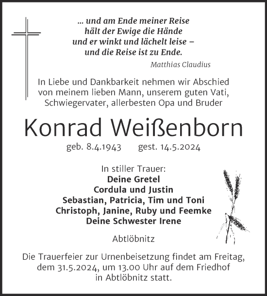 Traueranzeige von Konrad Weißenborn von Super Sonntag Naumburg/Nebra