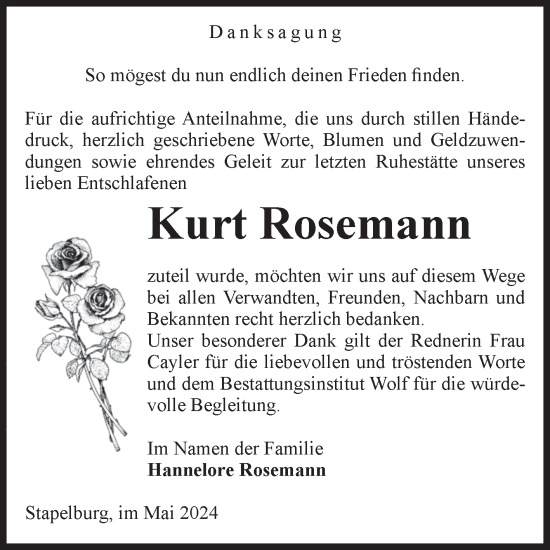 Traueranzeige von Kurt Rosemann von Volksstimme Wernigerode