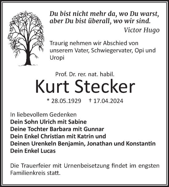 Traueranzeige von Kurt Stecker von Mitteldeutsche Zeitung Halle/Saalkreis