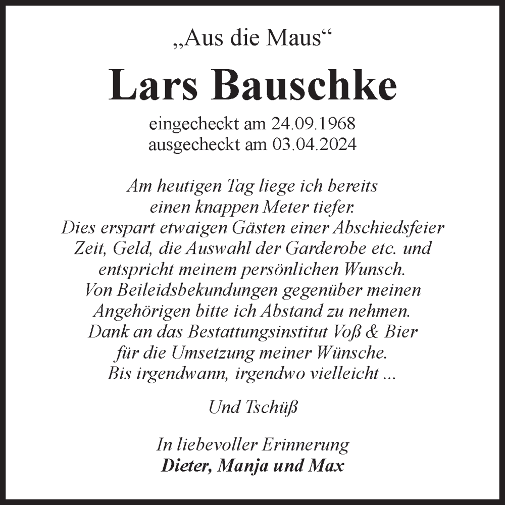  Traueranzeige für Lars Bauschke vom 04.05.2024 aus Volksstimme Wernigerode