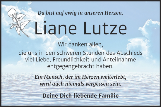 Traueranzeige von Liane Lutze von Trauerkombi Wittenberg