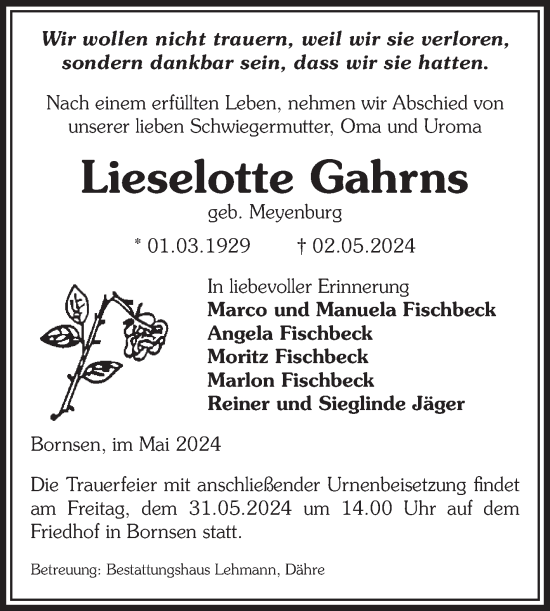 Traueranzeige von Lieselotte Gahrns von Volksstimme Altmark West