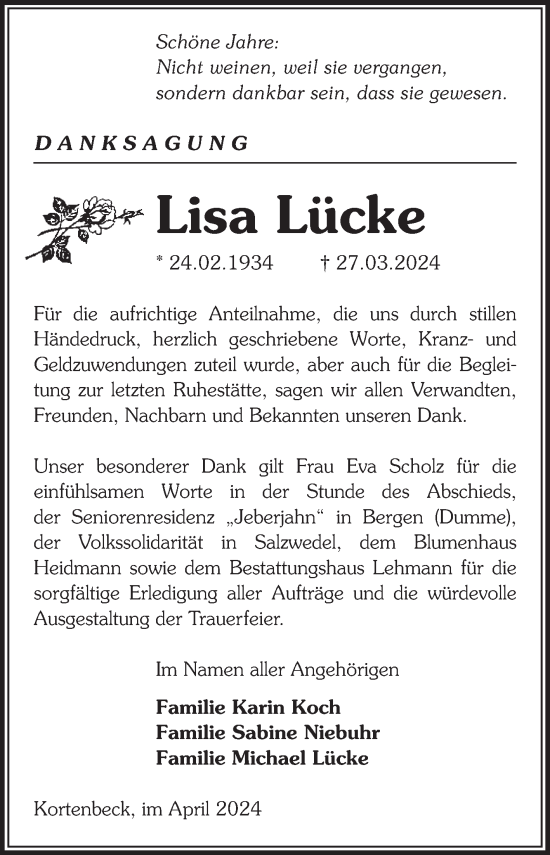 Traueranzeige von Lisa Lücke von Volksstimme Altmark West