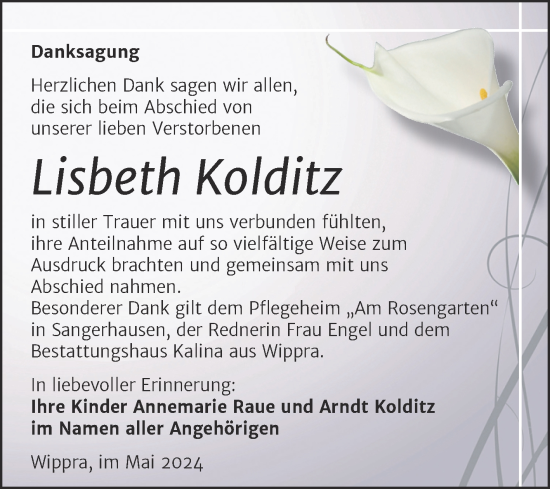 Traueranzeige von Lisbeth Kolditz von Trauerkombi Sangerhausen