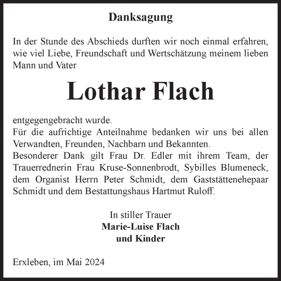 Traueranzeige von Lothar Flach von Volksstimme Haldensleben/Wolmirstedt