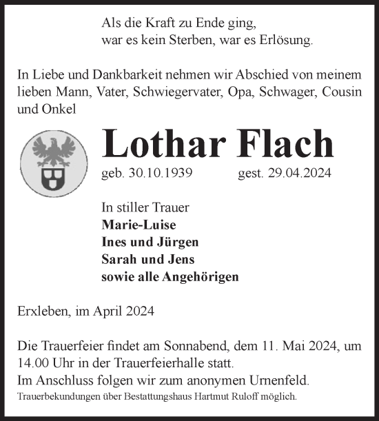 Traueranzeige von Lothar Flach von Volksstimme Haldensleben/Wolmirstedt