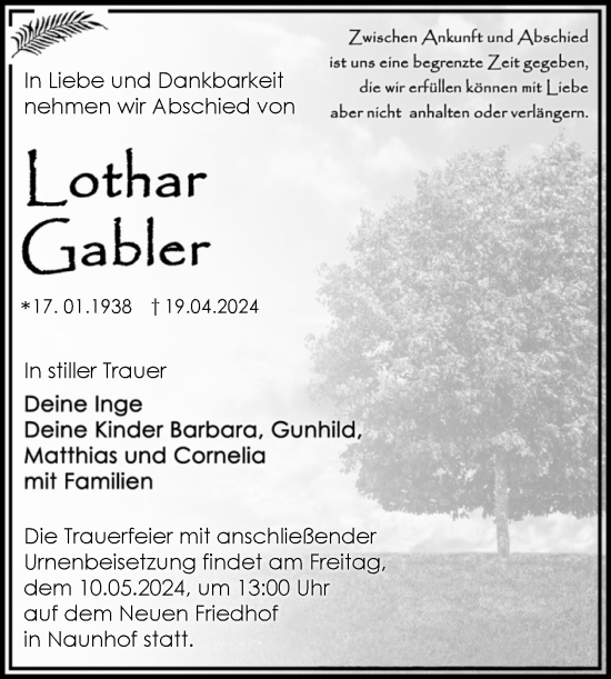 Traueranzeige von Lothar Gabler von Mitteldeutsche Zeitung Dessau-Roßlau
