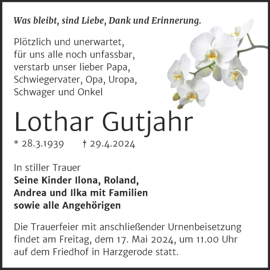 Traueranzeige von Lothar Gutjahr von Trauerkombi Quedlinburg