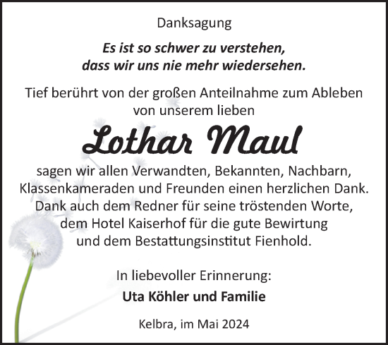 Traueranzeige von Lothar Maul von Trauerkombi Sangerhausen