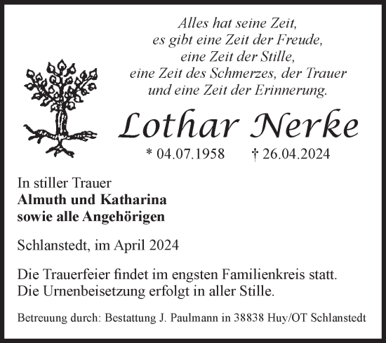 Traueranzeige von Lothar Nerke von Volksstimme Halberstadt