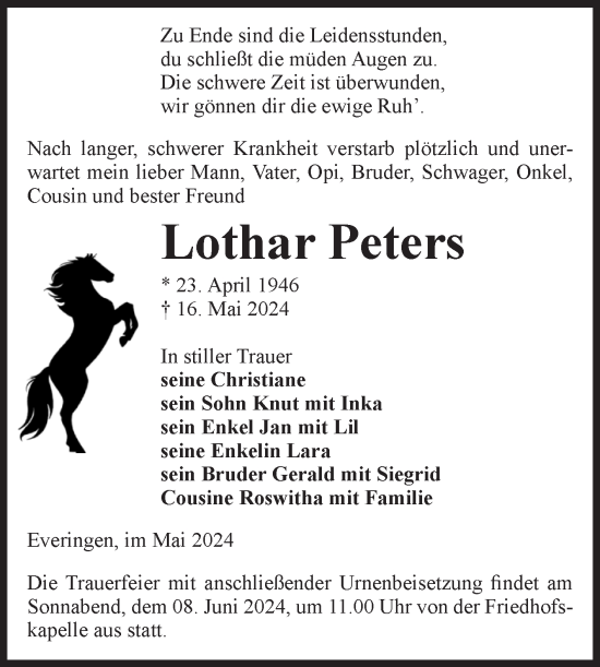 Traueranzeige von Lothar Peters von Volksstimme Haldensleben/Wolmirstedt