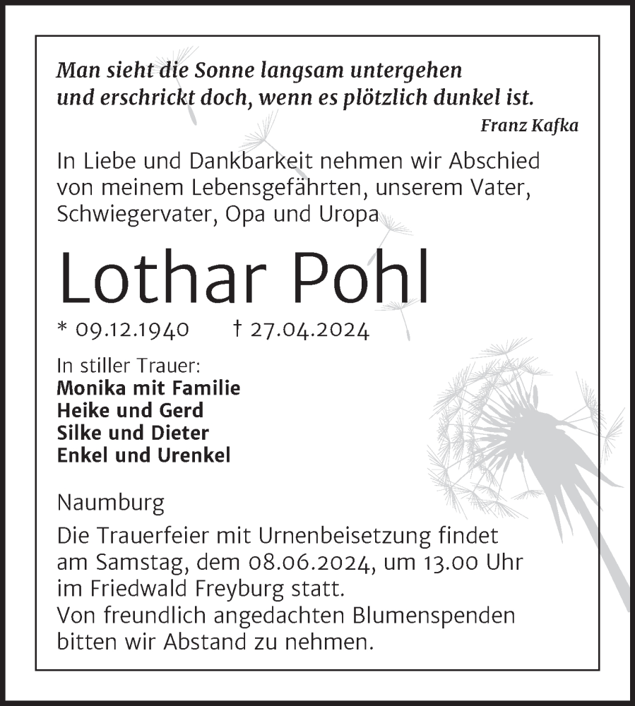  Traueranzeige für Lothar Pohl vom 04.05.2024 aus Trauerkombi Weißenfels