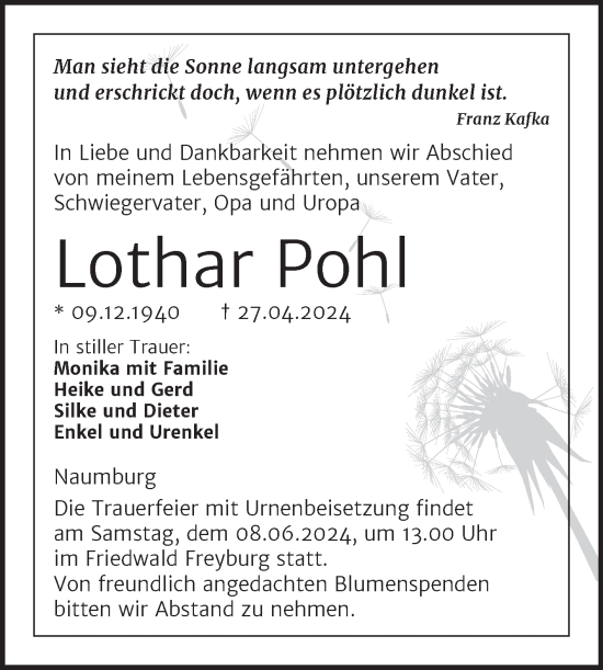 Traueranzeige von Lothar Pohl von Trauerkombi Weißenfels