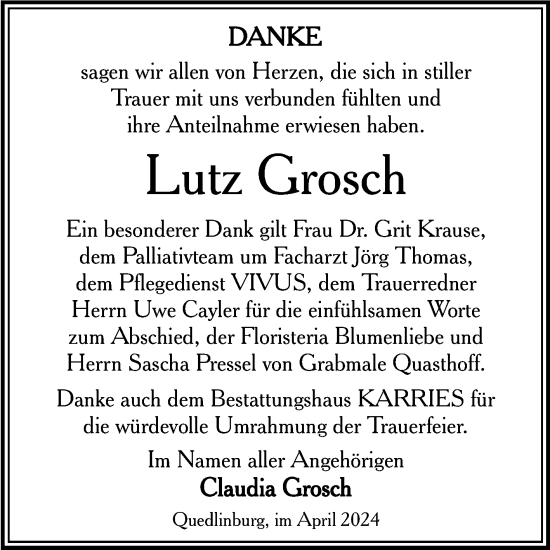 Traueranzeige von Lutz Grosch von Trauerkombi Quedlinburg