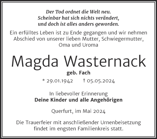 Traueranzeige von Magda Wasternack von Trauerkombi Merseburg
