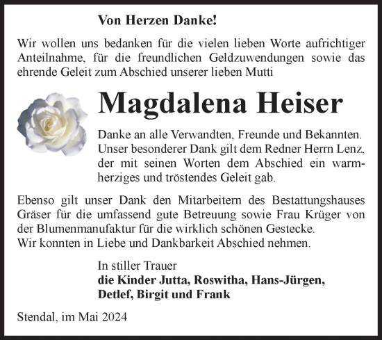 Traueranzeige von Magdalena Heiser von Volksstimme Altmark Ost