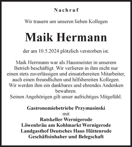 Traueranzeige von Maik Hermann von Volksstimme Wernigerode