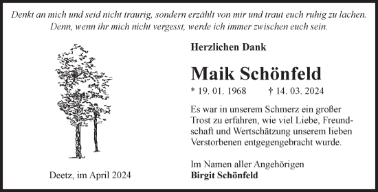 Traueranzeige von Maik Schönfeld von Volksstimme Zerbst