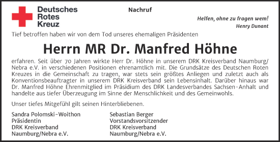 Traueranzeige von Manfred Höhne von Naumburger Tageblatt