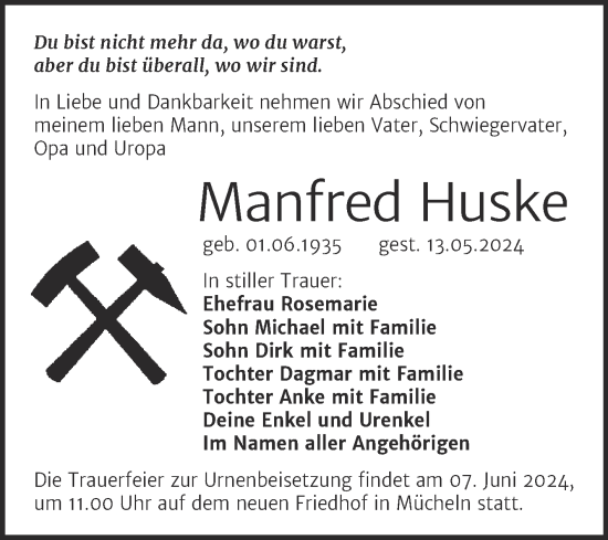 Traueranzeige von Manfred Huske von Trauerkombi Merseburg