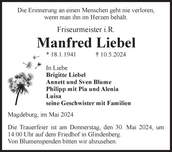 Traueranzeige von Manfred Liebel von Volksstimme Magdeburg