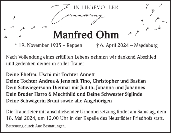 Traueranzeige von Manfred Ohm von Volksstimme Magdeburg