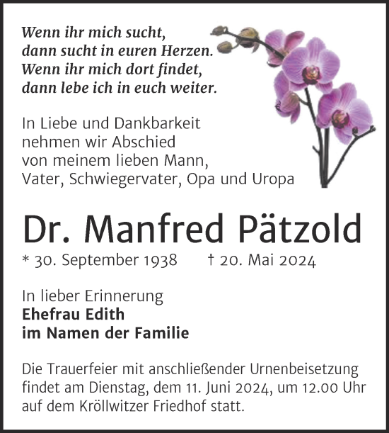 Traueranzeige von Manfred Pätzold von Mitteldeutsche Zeitung Halle/Saalkreis