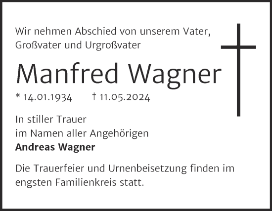 Traueranzeige von Manfred Wagner von Trauerkombi Wittenberg