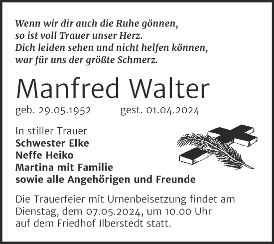 Traueranzeige von Manfred Walter von Trauerkombi Bernburg