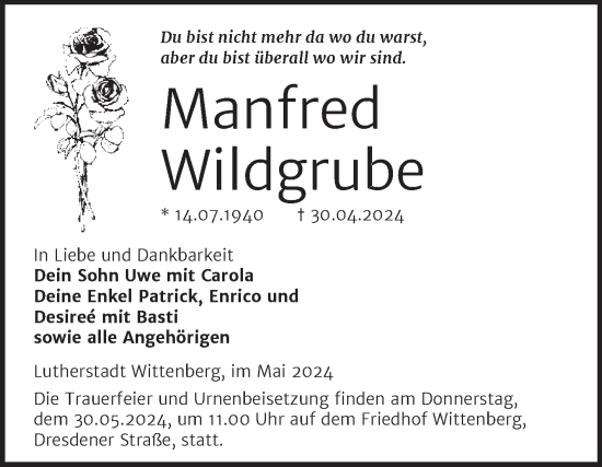 Traueranzeige von Manfred Wildgrube von Trauerkombi Wittenberg
