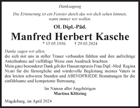 Traueranzeige von Manfred Herbert Kasche von Volksstimme Magdeburg