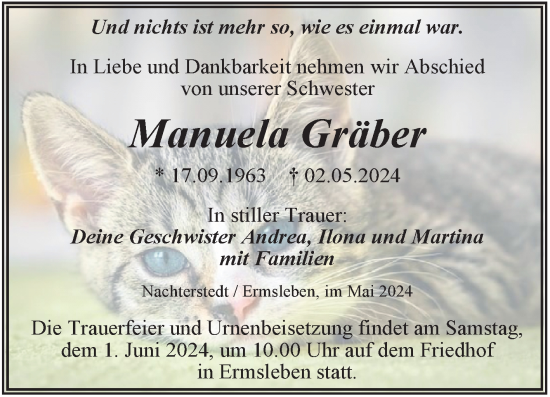Traueranzeige von Manuela Gräber von Trauerkombi Aschersleben