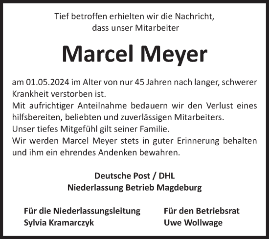 Traueranzeige von Marcel Meyer von Volksstimme Staßfurt