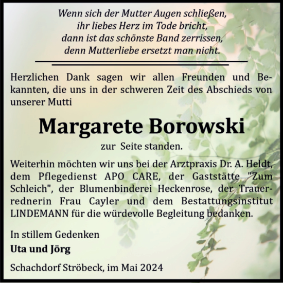 Traueranzeige von Margarete Borowski von Volksstimme Halberstadt